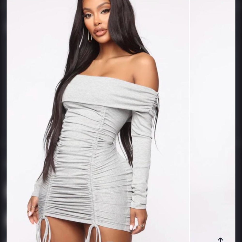 Fashion Nova Light Gray Off-Shoulder Ruched Mini Dress